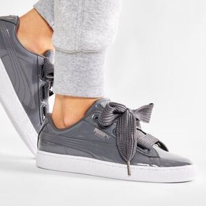PUMA Basket Heart Patent Leather Grey Sneaker | Size 8.5